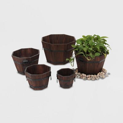 5pc Barrel Style Octagonal Wooden Planters Brown - Leisure Season