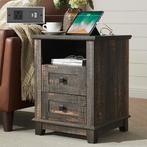 AMERLIFE 18" Farmhouse End Table 2 with Charging Station & 2 Storage Drawers - 1 of 4