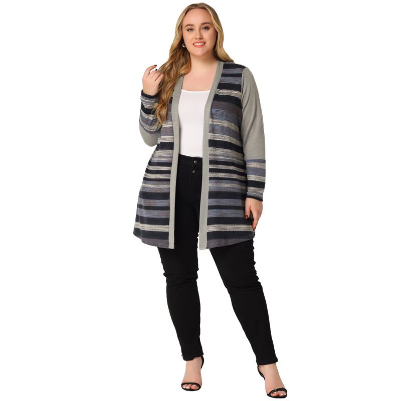 Agnes Orinda Women's Plus Size Long Open Front Striped Sweater Knit Cardigans, 3 of 6