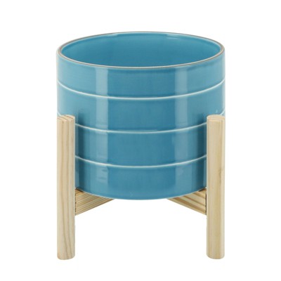 VisioGear Round Planter with Stand, Plant Pots for Living Room, Bedroom, Blue, 8"*8"*9"