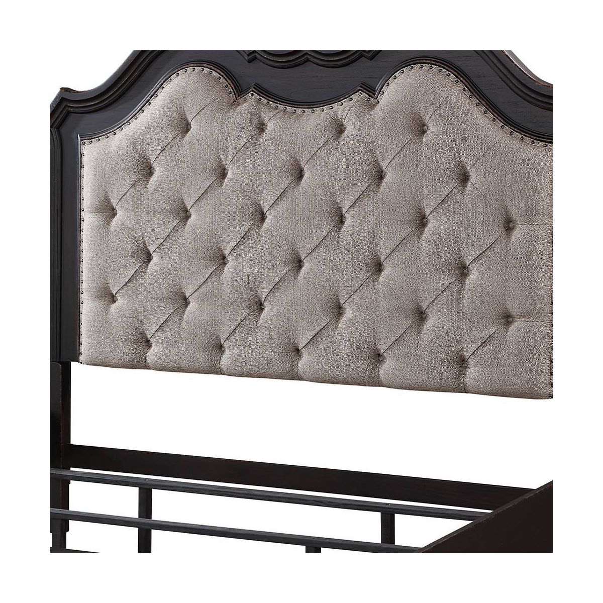82.5"California King Bed Chelmsford Bed Beige Fabric Antique Black Finish - Acme Furniture: Tufted Upholstered Traditional Design - thumbnail 3