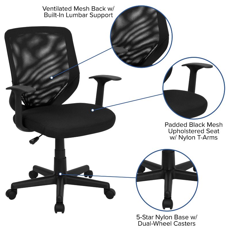 Emma and Oliver Mid-Back Black Mesh Tapered Back Swivel Task Office Chair with T-Arms, 3 of 11