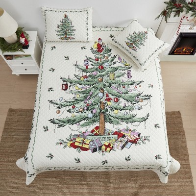Christmas Tree Quilt Set, Festive Holiday Bedspread with Pillow Shams, Soft Microfiber Lightweight Bedding