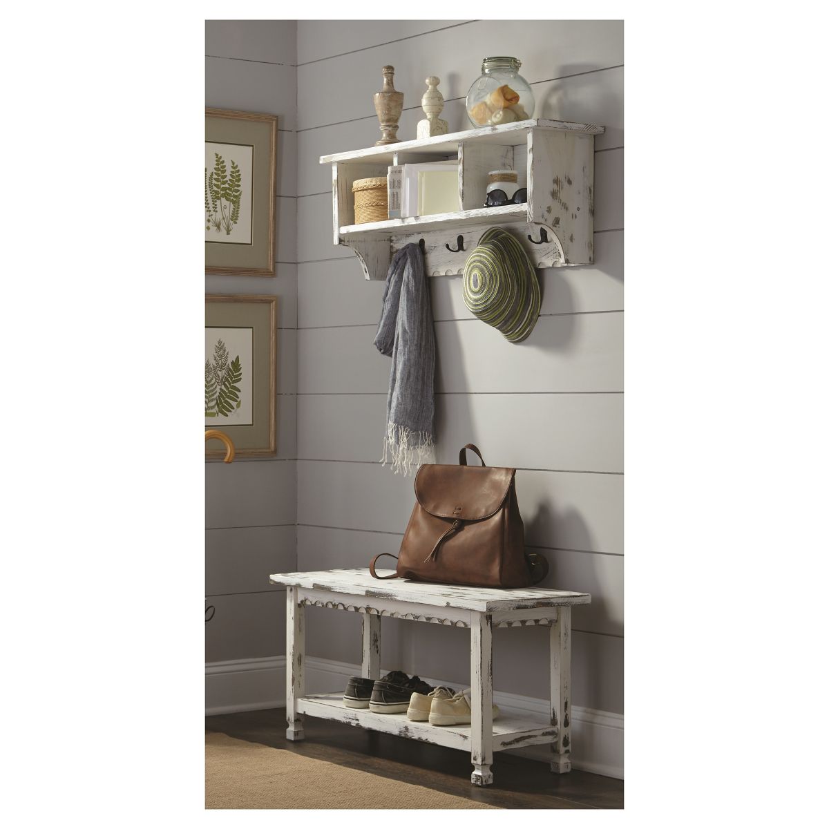 Country Cottage Antiqued Wood Coat Hooks and Storage Bench Set - Alaterre Furniture - thumbnail 9