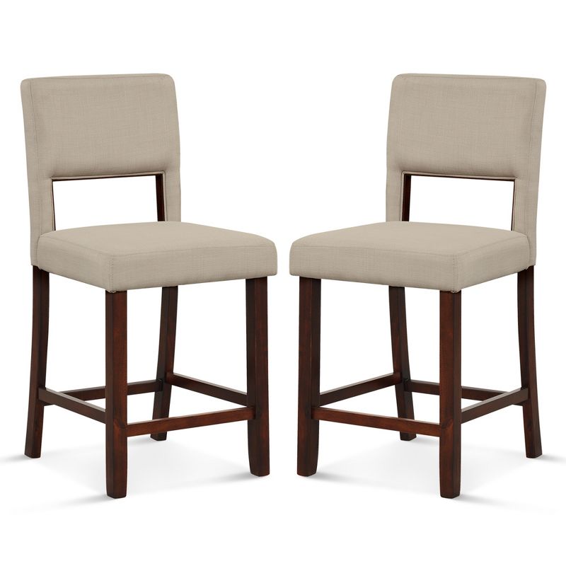 Costway Set of 2 Upholstered Linen Bar Stools 24.5'' Wooden Dining Chairs with Back Beige/Brown, 1 of 10