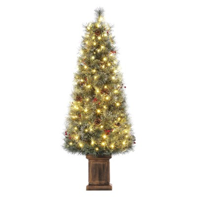 4.5 Ft Artificial Christmas Tree with 200 Warm White  Lights and Red Berries Potted Base Holiday Xmas Tree