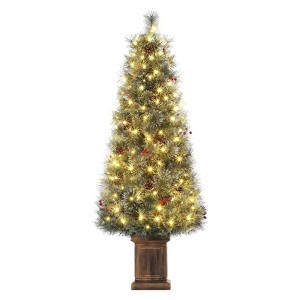 4.5 Ft Artificial Christmas Tree with 200 Warm White  Lights and Red Berries Potted Base Holiday Xmas Tree - 1 of 4
