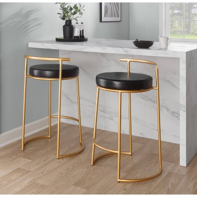 Black and Gold Metal Round Counter Stools with Cushions, Set of 2
