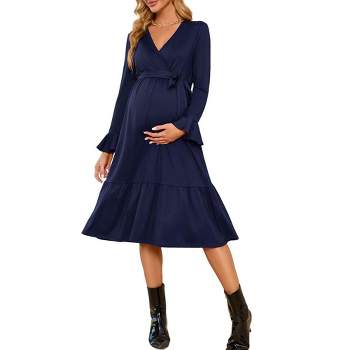 Women's Maternity V Neck Wrap Midi Fall Dress Long Sleeve Boho Casual Nursing Swing Dress Baby Shower Photoshoot Belt