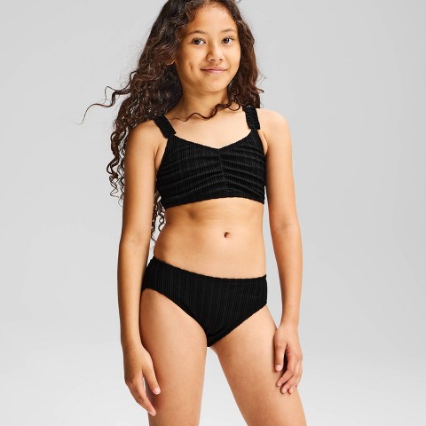 Cat & Jack Girls' Crinkle Striped Solid Bikini - Cat & Jack™ Black L