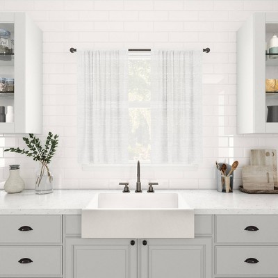 White Sheer Linen Blend Rod Pocket Kitchen Curtain Tiers