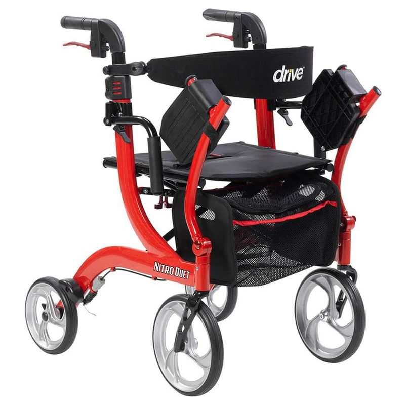 Drive Medical Nitro Duet Rollator Rolling Walker and Transport Wheelchair Chair with Folding Mobility for Home, Hospital, or Nursing Facility (Red), 3 of 7