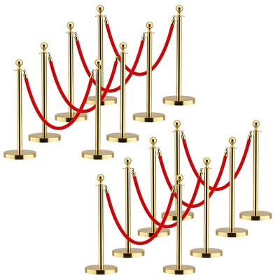 APRILSOUL Stainless Steel Gold Stanchions with Red Velvet Rope 5 ft. Crowd Control Barrier with Ball Top