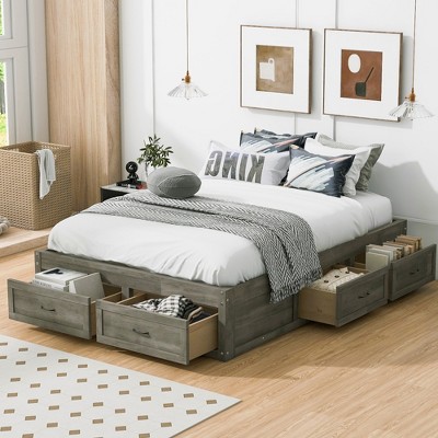 ALEXOUN Wooden Bed Frame with 6 Storage Drawers,Without Headboard Design,Slat Support,No Box Spring Needed,Easy Assembly