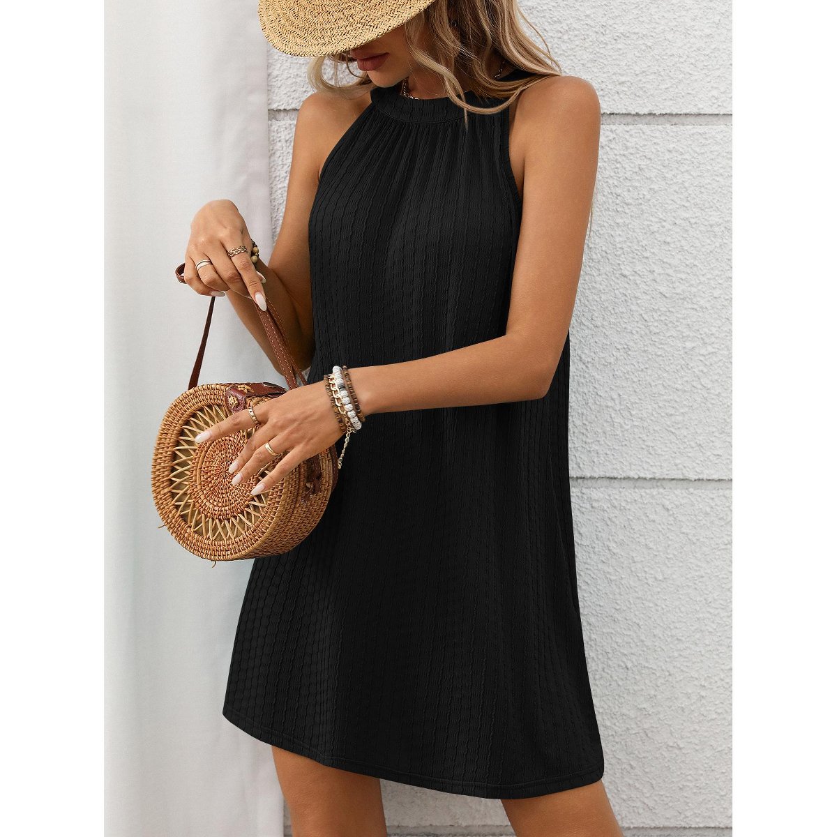 Женские платья YesFashion Women’s Summer Dresses Halter Neck Sleeveless Loose Shift Casual Summer Tunic Mini Dress ,M,Black — фото 3