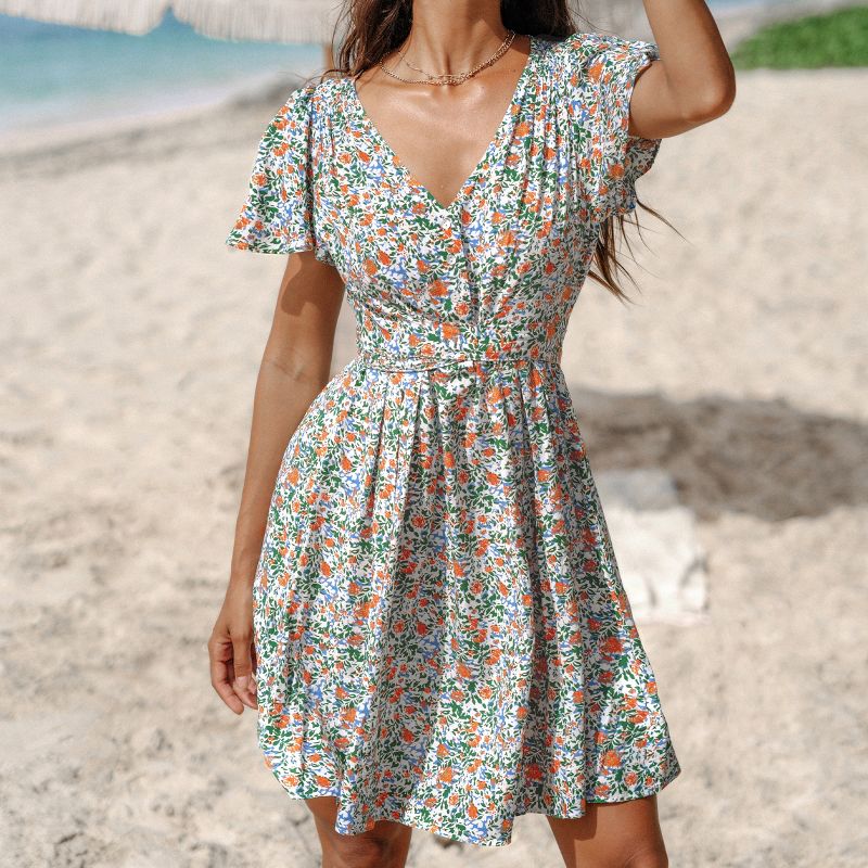 Women's Floral V-neck Button Wrap Tie Short Sleeve Mini Dress - Cupshe, 4 of 8