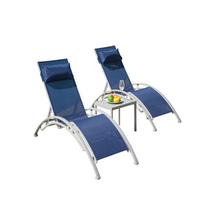 JUJABU Outdoor Aluminum Chaise Lounge Set of 3 with Adjustable Backrest and Side Table
