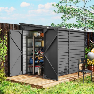 Dark Gray Steel Outdoor Storage Shed with Windows and Lockable Doors