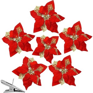 15 Pcs 8.5" Red Velvet Poinsettia Christmas Decorations with Clips - Sparkly Artificial Flowers for Tree, Wreath, and Holiday Decor by 4E's Novelty - 1 of 4
