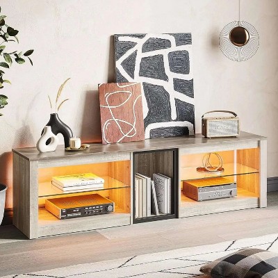 Black Marble 63-inch TV Stand with LED Lights and Glass Shelves