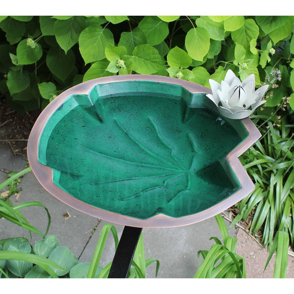 Achla Designs 14.75" Rail-Mounted Lilypad Birdbath: Antique Patina Finish, Steel Construction, No-Drill Bracket - thumbnail 2
