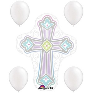 LOONBALLOON Religious Balloons - 28 inch 1ST COMMUNION CROSS with 4 Pearl White Latex Set: Sacred Décor for Religious Celebrations - 1 of 1