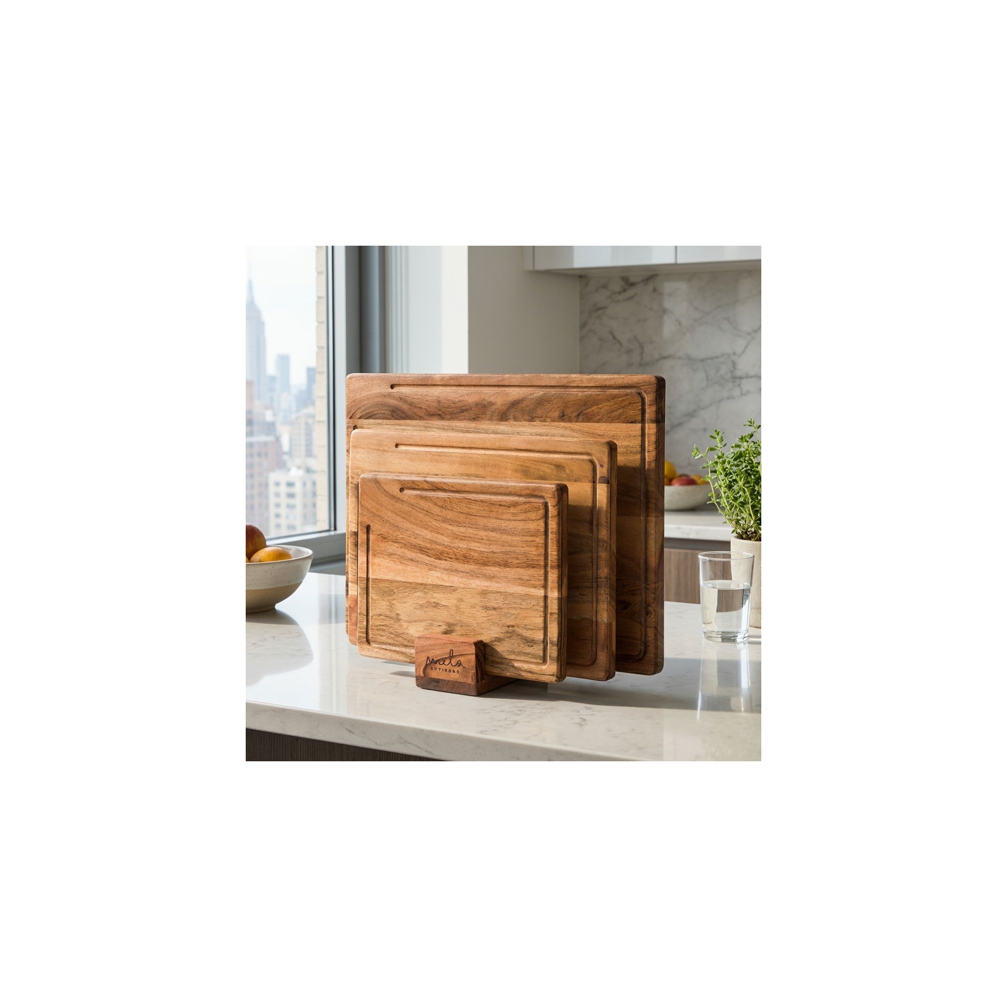 Acacia Wood Cutting Board Set with Stand – 3 Piece