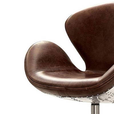 Retro Brown Leather and Metal Swivel Accent Chair