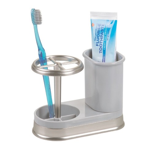 mDesign Toothpaste & Toothbrush Holder with Rinsing Cup - White/Satin/Clear  