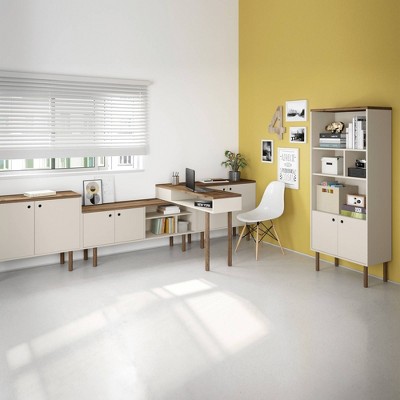 Scandinavian-Modern Off White and Natural Wood TV Stand with Storage