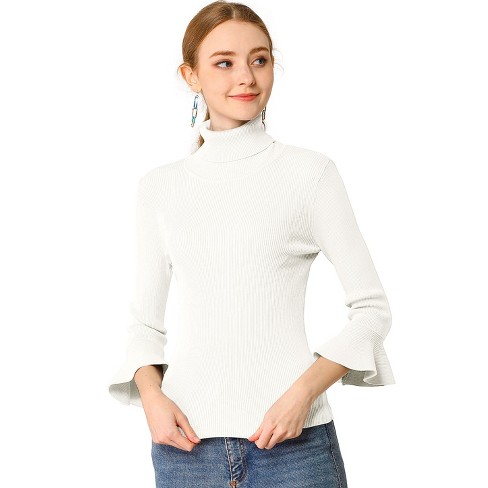 Allegra K Women's Ruffle Sleeves Pullover Turtleneck Slim Fit Stretchy Knit  Sweater White X-Small