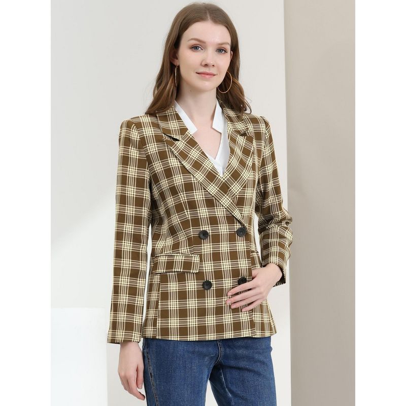 Allegra K Women's Casual Fit Notched Lapel Double Breasted Plaid Formal Blazer, 3 of 8