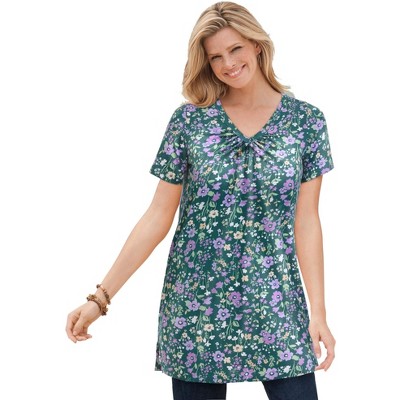 Woman Within Plus Size Perfect Printed Short-Sleeve Shirred V-Neck Tunic