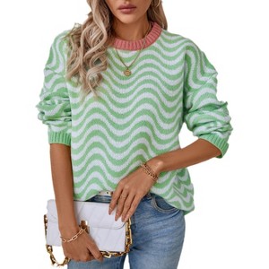 Womens Wavy Striped Sweater Crewneck Long Sleeve Knitted Sweater Casual Pullover Y2K Sweaters - 1 of 4