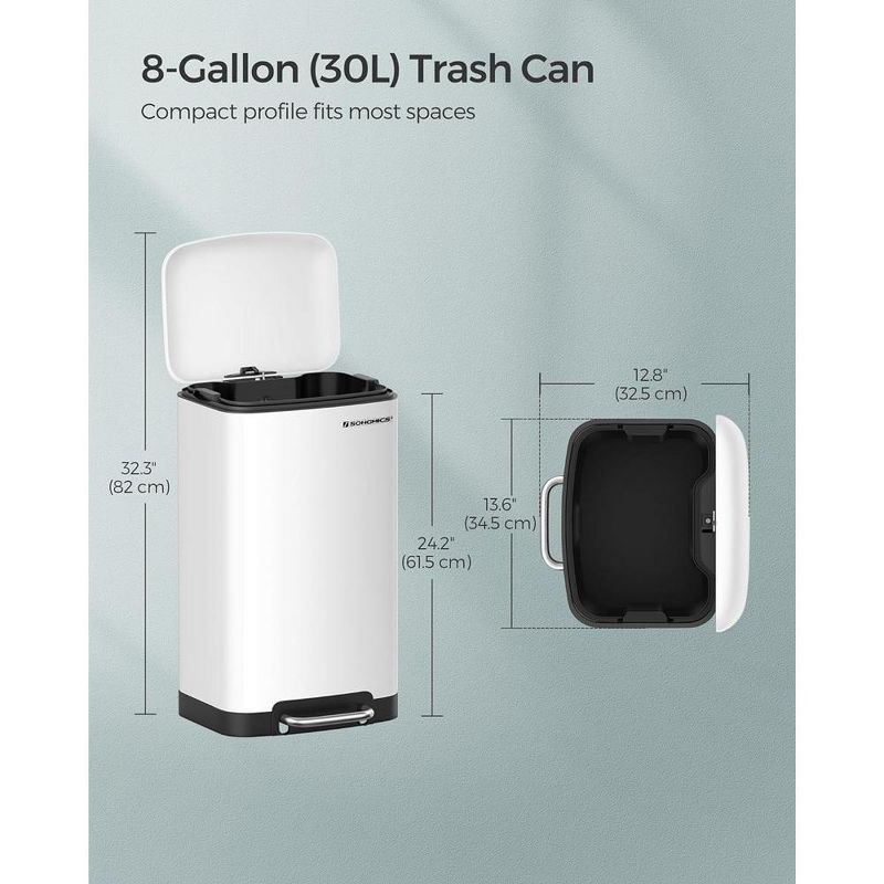 SONGMICS Trash Can, 8 Gallon (30L) Trash Bin with Lid and Inner Bucket, Stainless Steel Garbage Can, Soft Close, 4 of 8