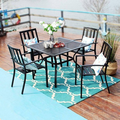 5pc Metal Indoor/Outdoor Square Gridded Dining Table with Arm Chairs & Umbrella Hole - Captiva Designs