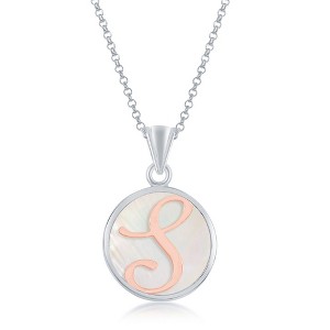 Bella Silver Sterling Silver, MOP 18" Pendant Necklace, Rose Gold Script Initial - White - 1 of 2