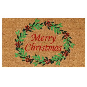 HomeRoots 17" X 29" Brown Red And Dark Green Christmas Merry Christmas Outdoor Coir Door Mat - 1 of 4