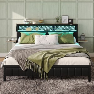 Bestier Full/King/Queen Size Bed Frame Upholstered Headboard Bed, LED Platform Bed with Foldable Trip Shelves & Storage Headboard Charge Station - 1 of 4