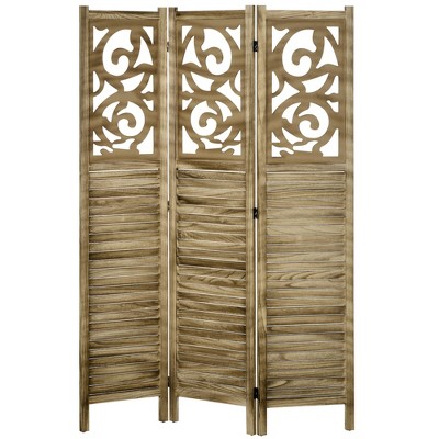 Brown Wood 3-Panel Folding Room Divider with Floral Design