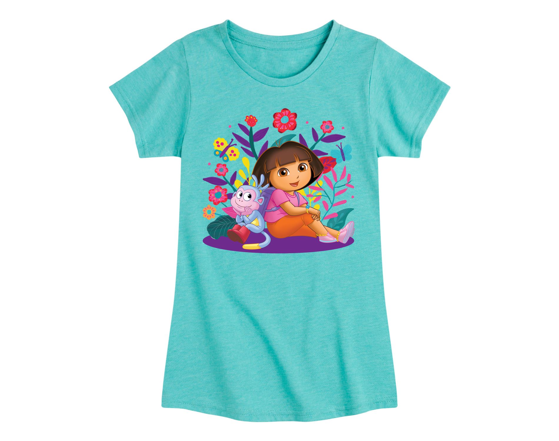 Girls' Dora the Explorer Dora And Boots Fitted Short Sleeve Graphic T-Shirt - Turquoise - 2T