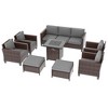 Sonkuki 8 Pieces Patio Sofa with Square Fire Pit Table and Ottomans, Wicker Conversation Couch, Light Gray Cushion - 2 of 4