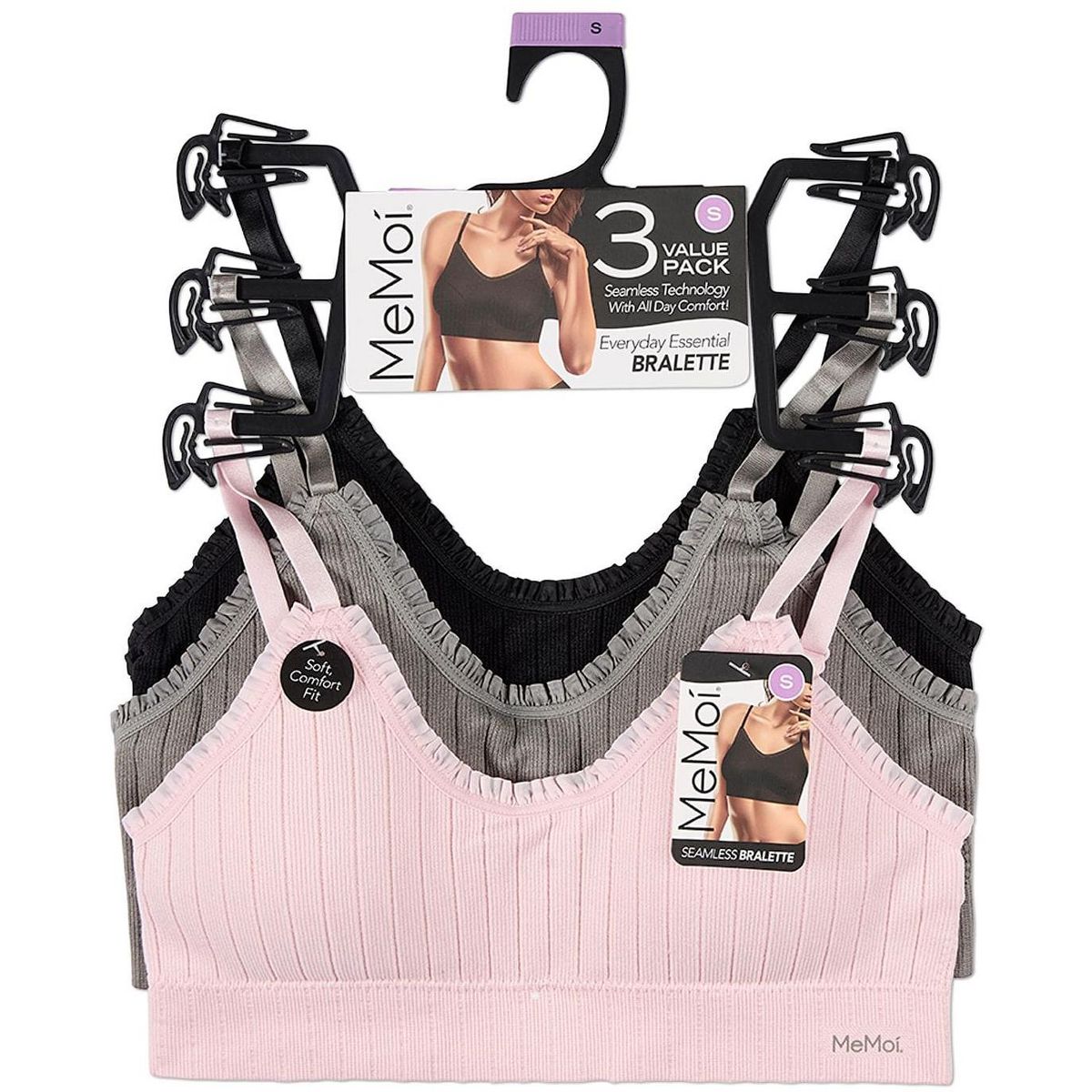 Memoi 3 Pack Women's Seamless Ribbed Ruffle-Trim Tag-Free Padded Bras - thumbnail 2