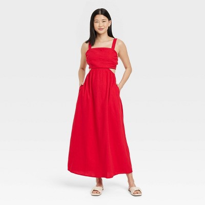 Women's Sleeveless Ruched Side Cut Out Dress - A New Day™ Red S