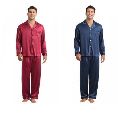 INSPIRE CHIC Men's 2 Pack Sleepwear Button Down Long Sleeve Classic Satin Pajamas Sets