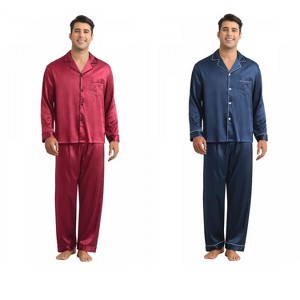 INSPIRE CHIC Men's 2 Pack Sleepwear Button Down Long Sleeve Classic Satin Pajamas Sets - 1 of 4