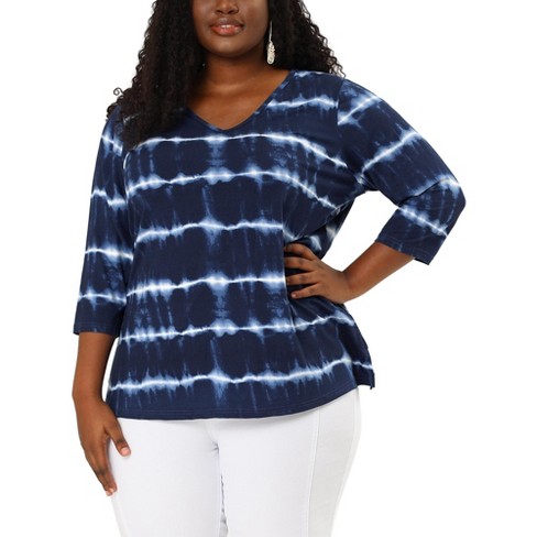 Agnes Orinda Women's Plus Size Tie Dye Side Slit 3/4 Sleeve Stripe V Neck  Blouses Blue 3x : Target