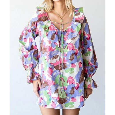 Women's Floral Ruffle V-Neck Tassel Drawstring Top - First Love