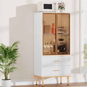 Fluted Storage Cabinet with Glass Door and 2 Drawers, Modern Display Storage Cabinet, Kitchen Pantry with Adjustable Shelves - 1 of 4