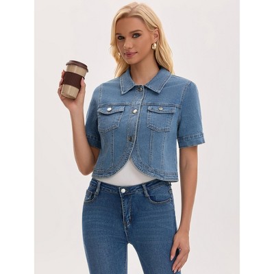 INSPIRE CHIC Women's Short Sleeve Turndown Collar Curve Hem Pockets Denim Cropped Jean Jacket Small Light Blue — фото 3